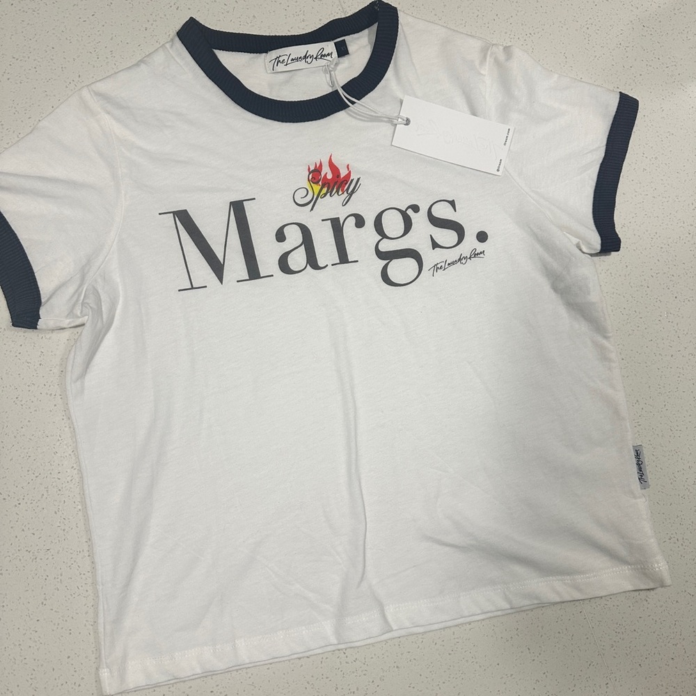 The Laundry Room White Tee with Black Trim and Red Accent